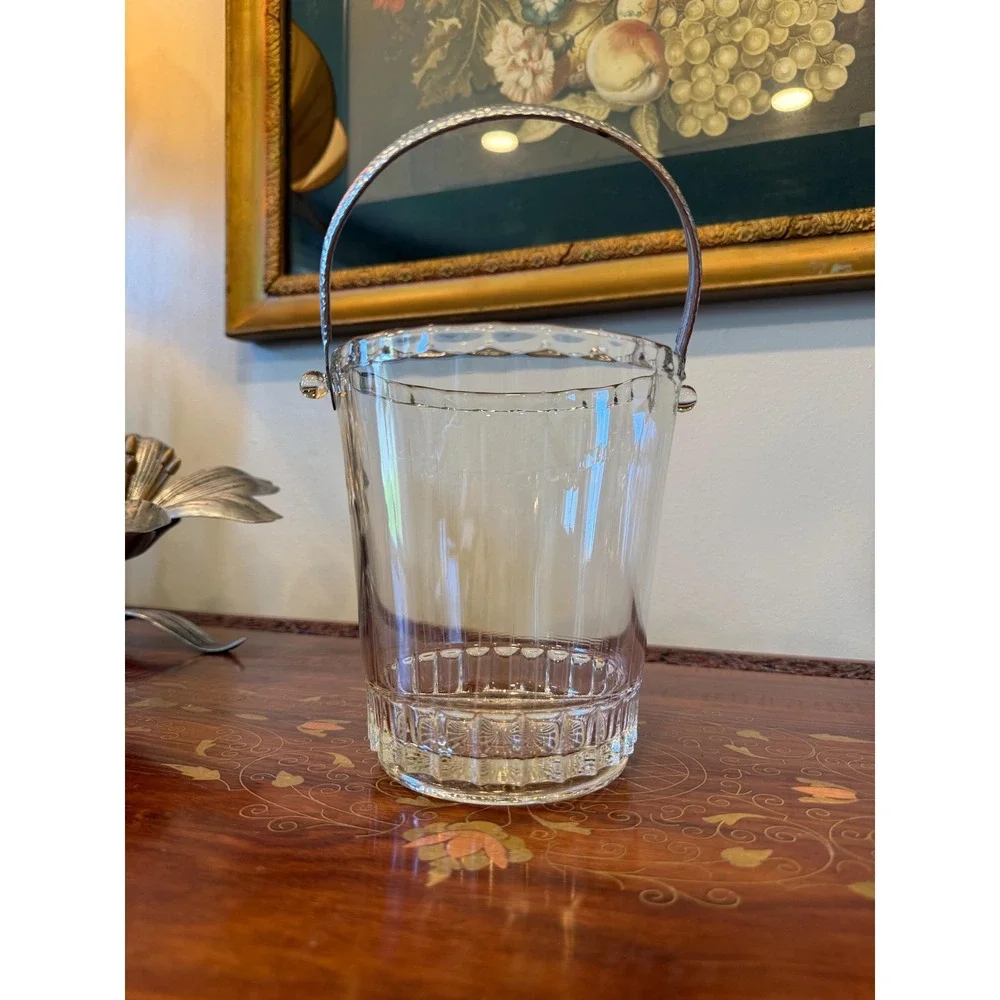 Vintage Glass Ice Bucket with Metal Handle Mid Century Barware‎